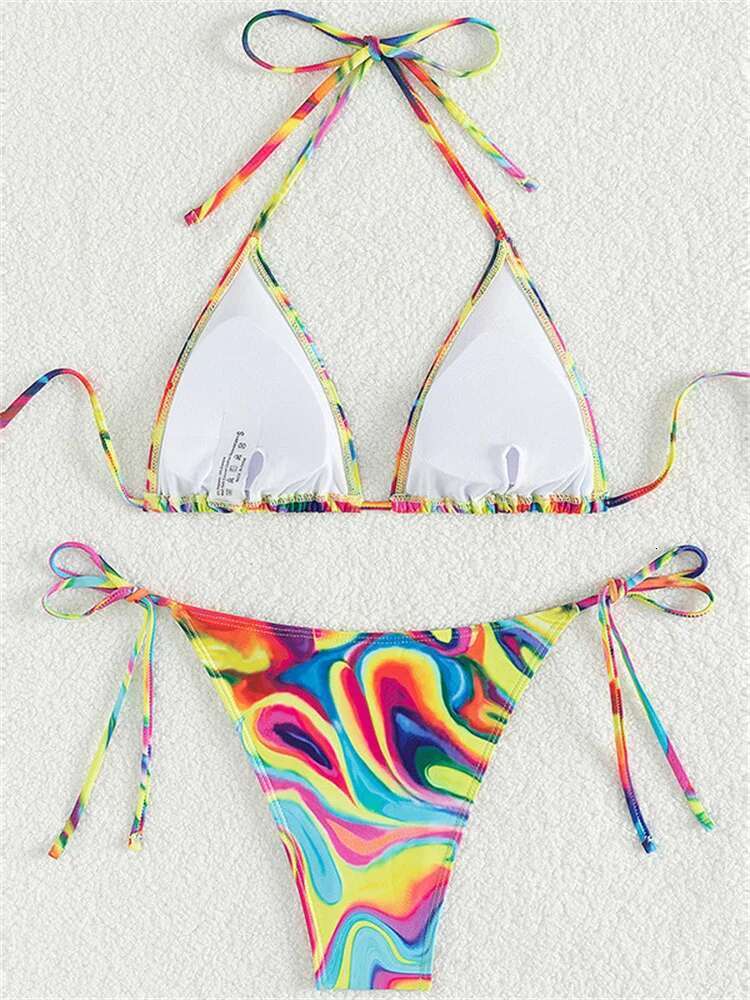 Dongdumaoyi Sexy Abstract Print Micro Bikini Women Halter Yellow Tie Dye Gradient Push Up Triangle Swimsuit Beach Bathing Suit Swimwear