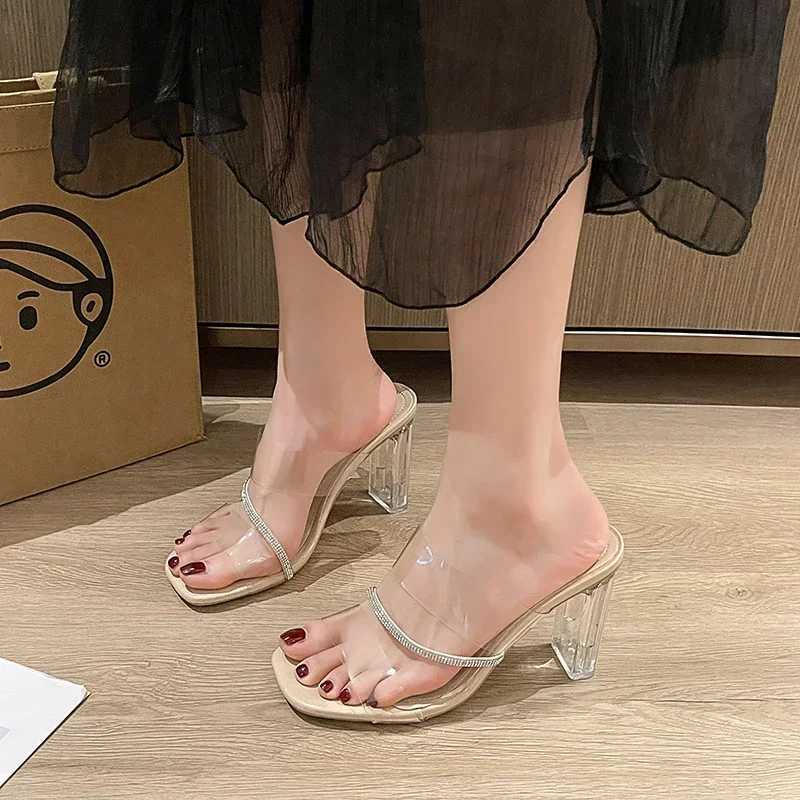 Transparent high-heeled sandals for womens summer crystal shoes square toe thick high-heeled sandals for womens outerwear 2025 new FiatXJ250407