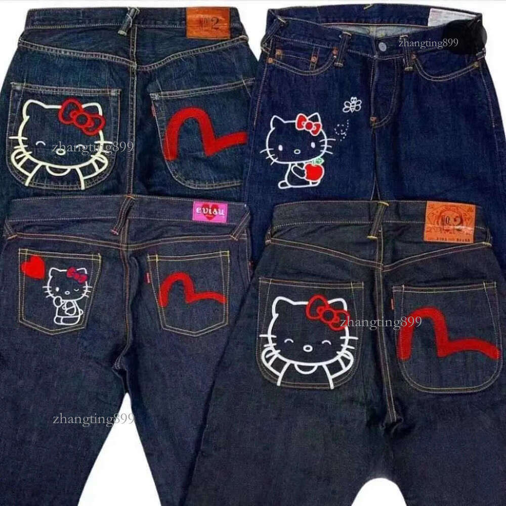 Women's Jeans 2024 Hip Hop Trend High Street Fashion Kitty Print Jeans Loose Straight Pants T240730