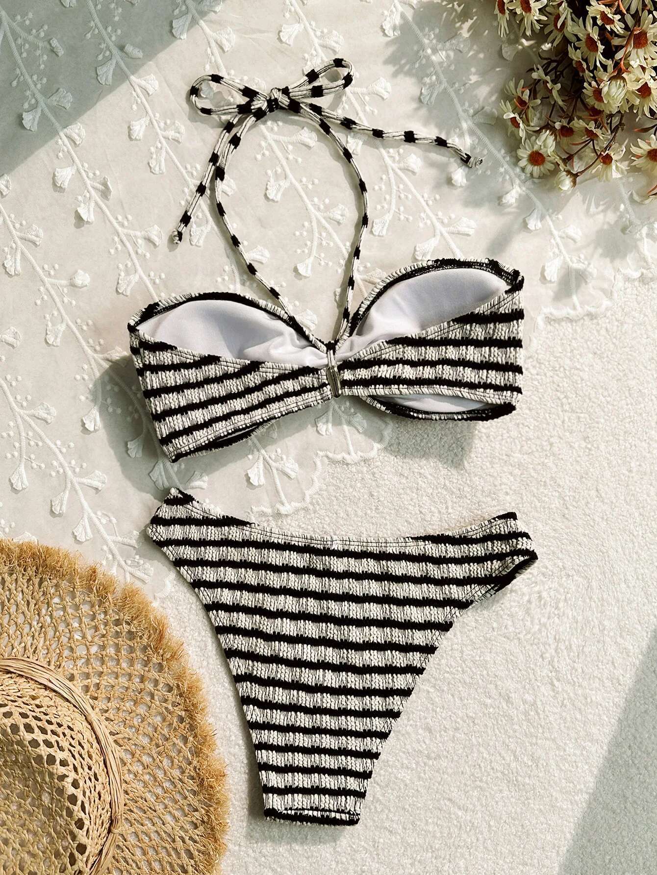 Dongdumaoyi Sexy Black Striped Bikinis Sets Women Pleate Drawstring Push Up Mini Swimsuit Brazilian Beach Bathing Suit Holiday Swimwear
