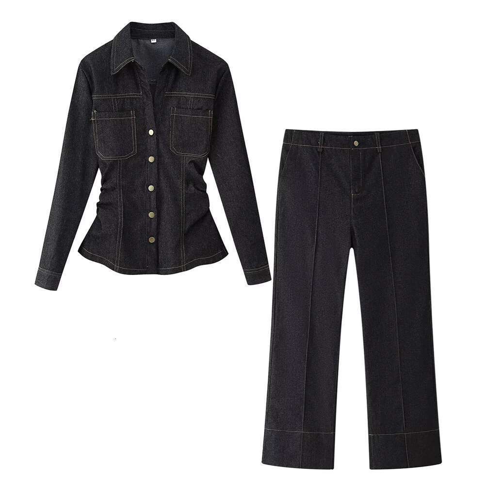 UNIZERA Slim Fit Long Sleeved Collar Shirt With Flared Denim Pants Set For Spring New Women's Clothing