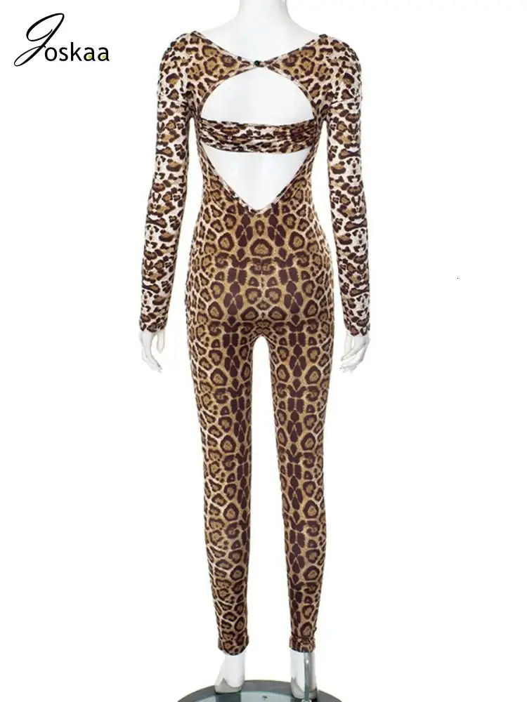 Joskaa Leopard Print Hollow Jumpsuits Women Sexy V-Neck Full Sleeve Backless Skinny One Piece Overalls Nightclub Y2K Streetwear 250407