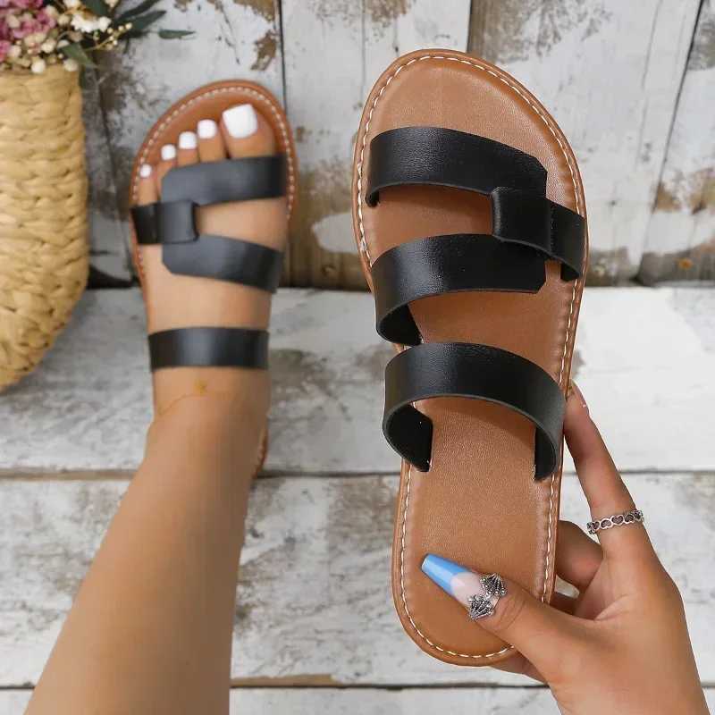 Summer womens solid color flat top popular open outdoor slide womens beach sandals Plus size 43 Zapatos De Mujer womens slideXJ250407