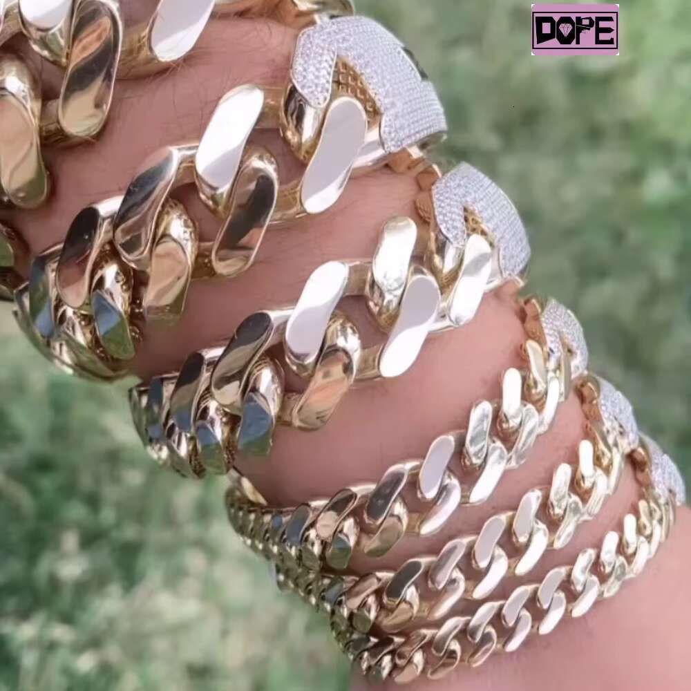 Hiphop Cuban Link Bracelet Plain Gold Plating 925 Sterling Silver Iced Out Clasp Miami Cuban Bracelet