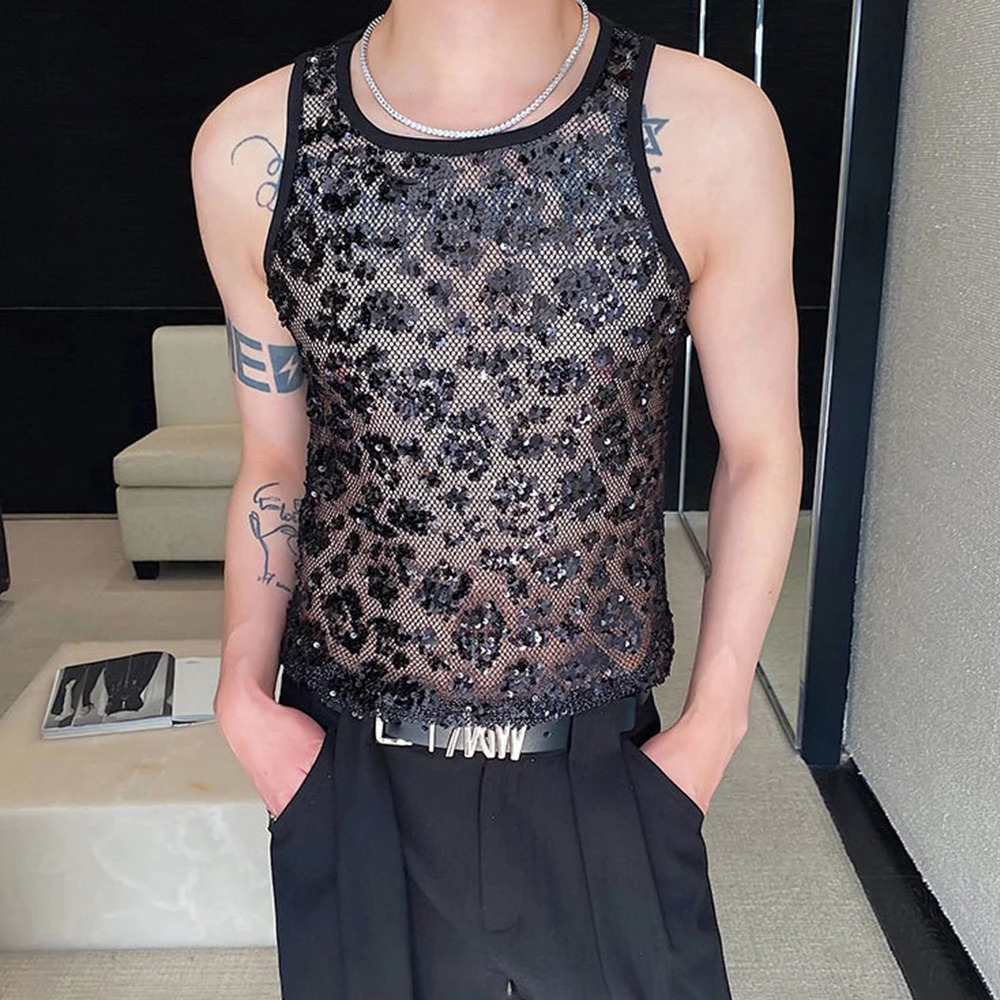 Mens tank top sequin performance casual vest spring street fashion youth campus stage vest old style mens clothing style 250402