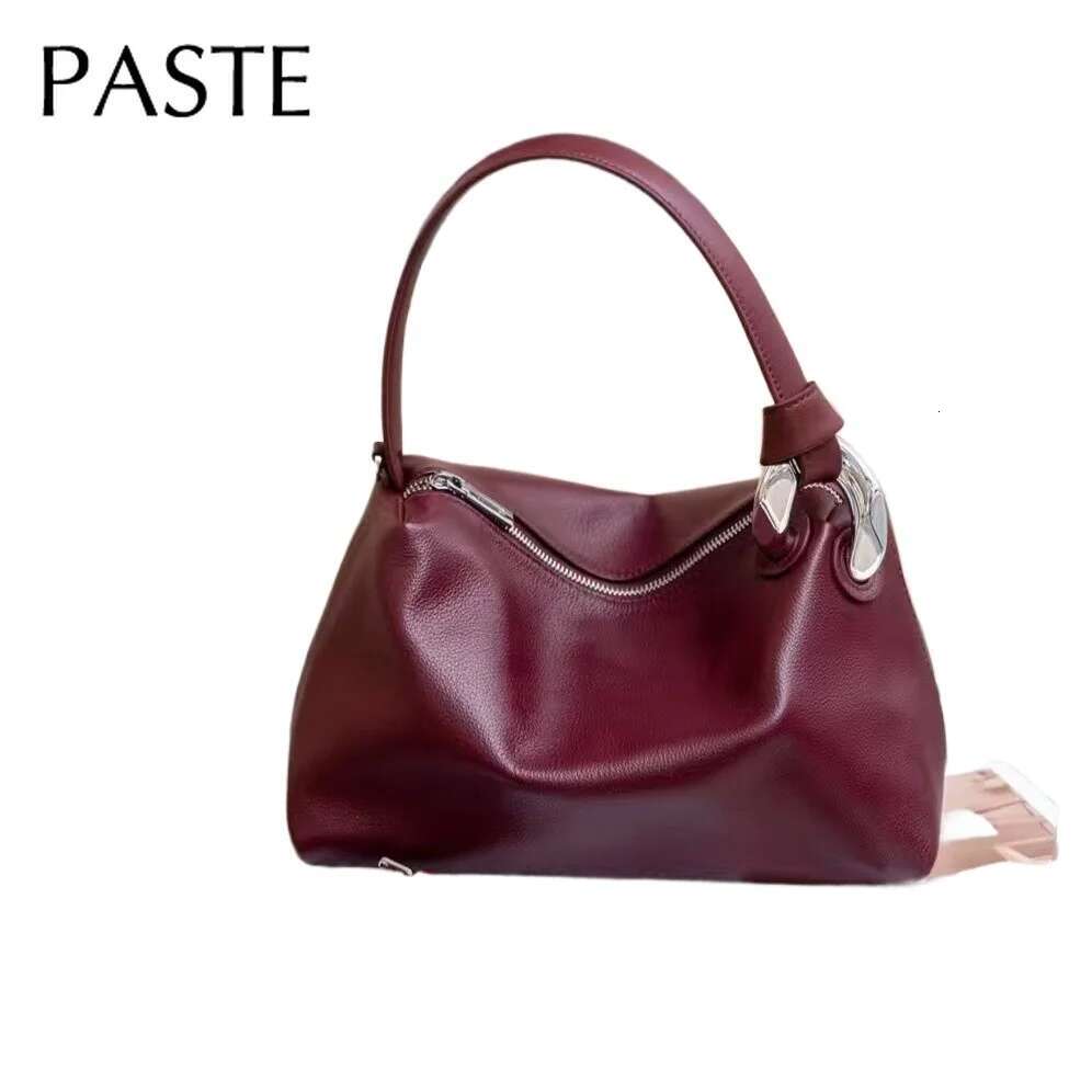 Ins Chic Original Design Soft Hobo Tote Wine Red Grey Color First Layer Cow Leather Women Shoulder Bag Elegant Purse