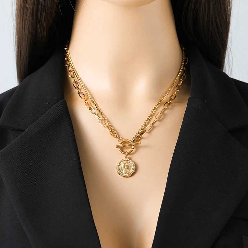 EILIECK 316L stainless steel gold portrait coin necklace set for womens trendy flow OT buckle waterproof jewelry Y250408