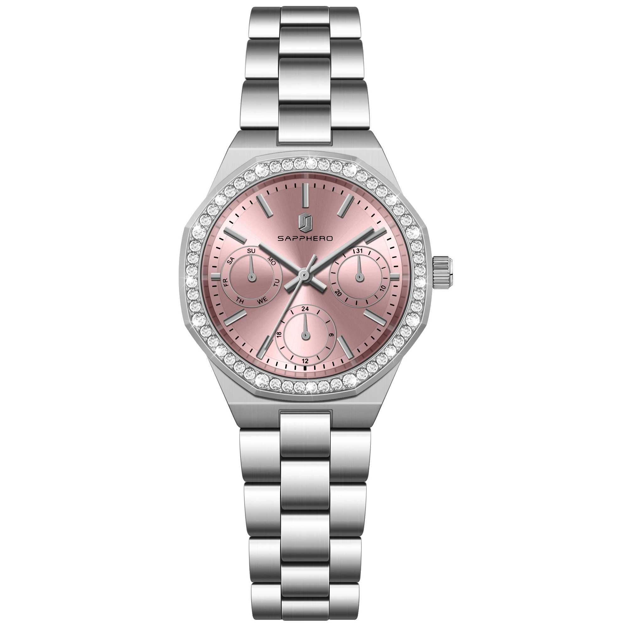 SAPPHERO Luxury Womens Watch 5ATM Waterproof Japanese Movement Stainless Steel Strap Pink Dial Elegant Womens WatchT250408