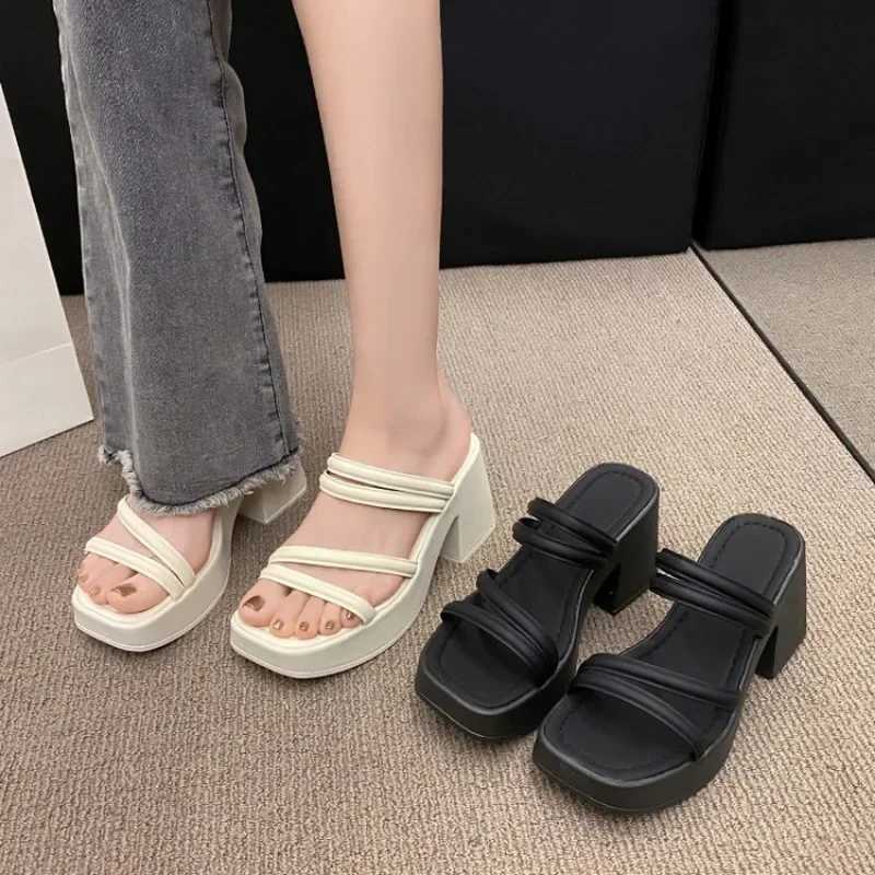 Slippers casual shoes for women 2024 high heels mule Pantofle rubber flap luxury summer soft high-tech Haian metal decorationXJ250407