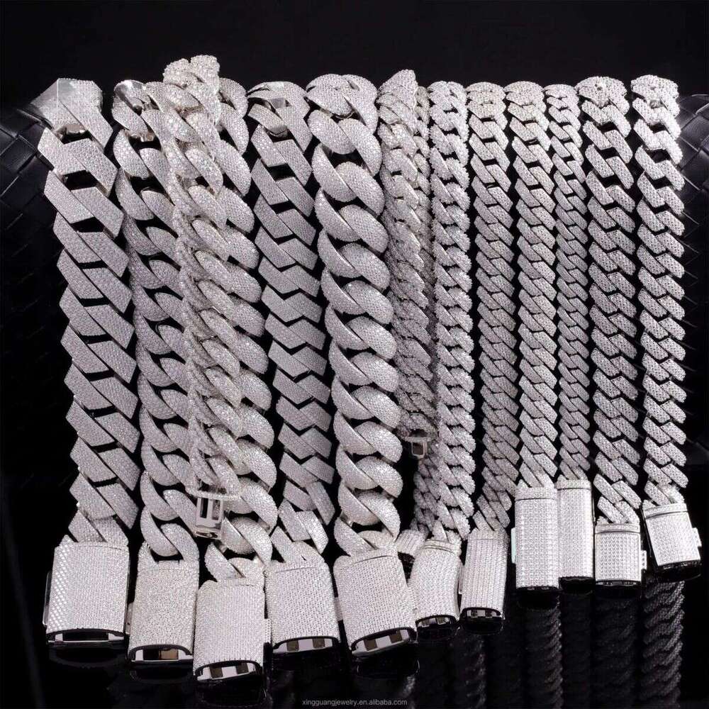Hot Popular VVS Moissanite k for Men 2rows 8mm-15mm Wide Sterg Sier Cuban Chain Hip Hop Necklace