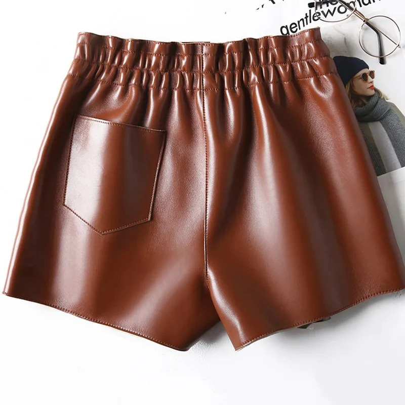 Spring Shorts Women Sheepskin Genuine Leather Shorts Black Brown Leopard Print High Waist Pocket Short Feminino Sexy Shorts 250408