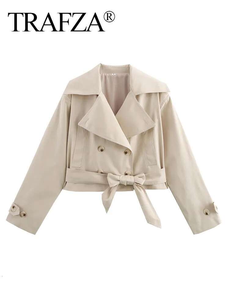 Spring Retro V-Neck Double Breasted Pocket Top Loose Jacket Women's Street Casual Lace-Up Short Trench Coat