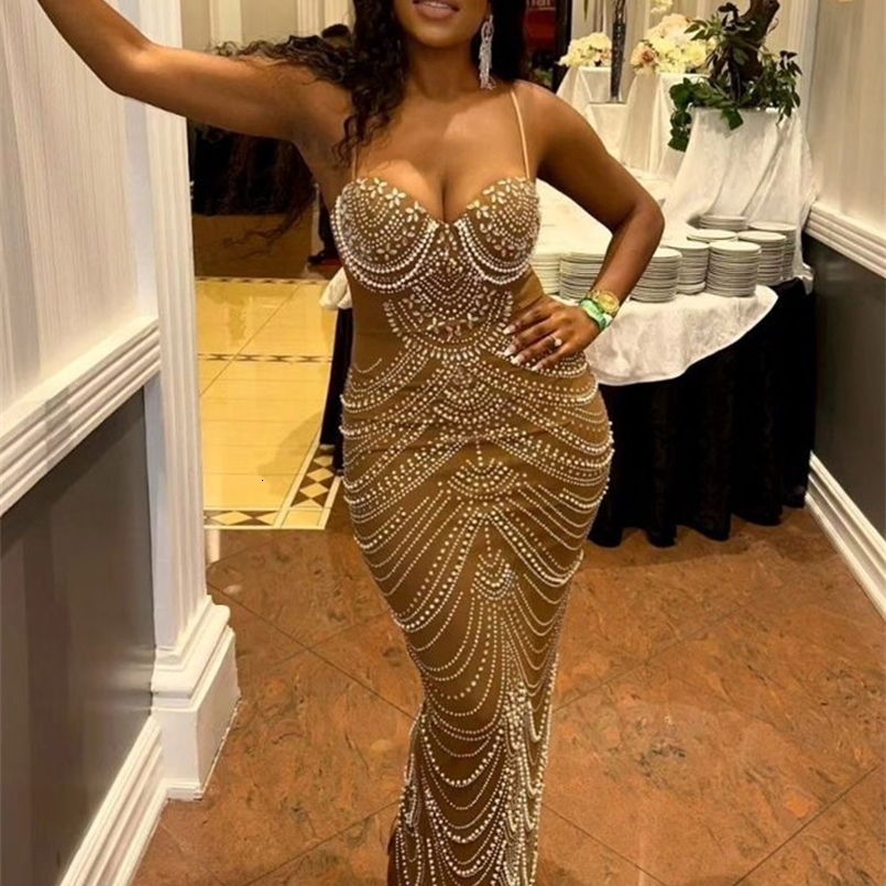 Sparkly Crystal Rhinestone Pearl Celebrities Gown Brown Dress Woman Strap Evening Party Birthday Prom Wedding Vestido 250327