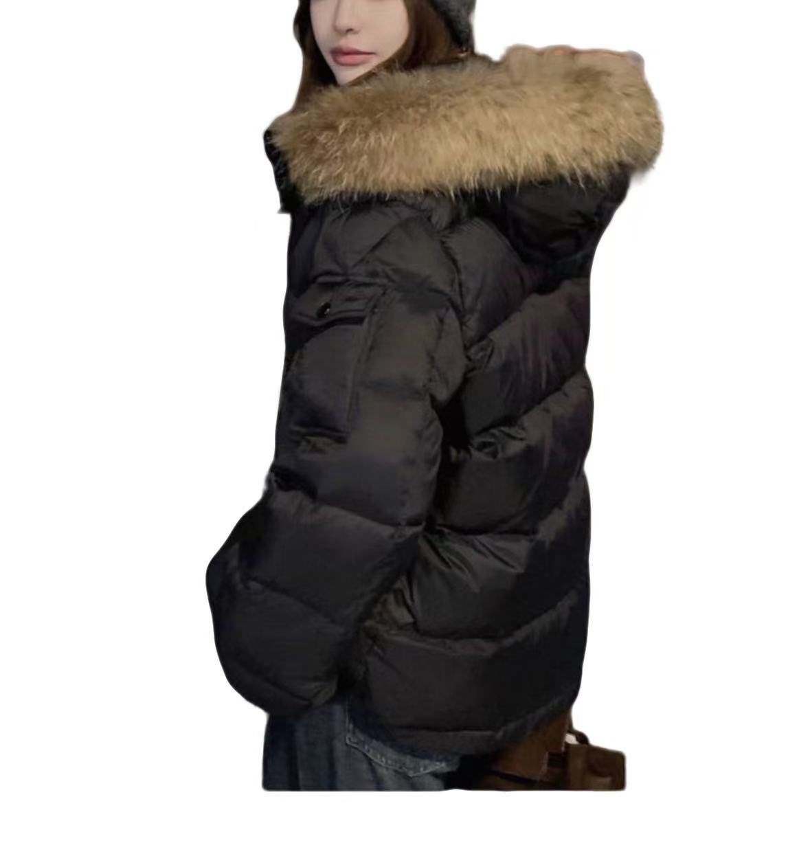 Women's winter thickened down jacket with fur collar, hooded, windproof and warm, for everyday wear