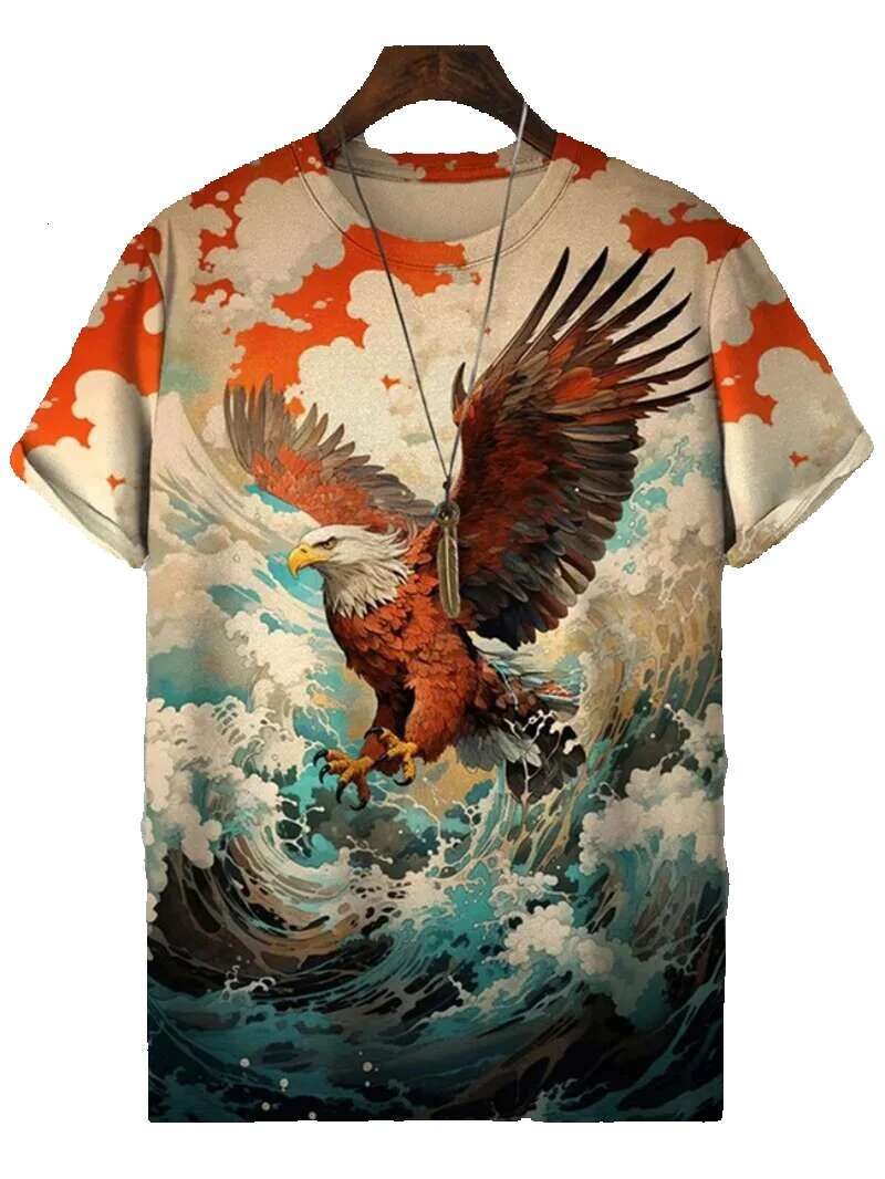 Japanese Ukiyo-E pattern men's animal wave 3D sun print casual short sleeved outdoor T-shirt oversized O-neck top