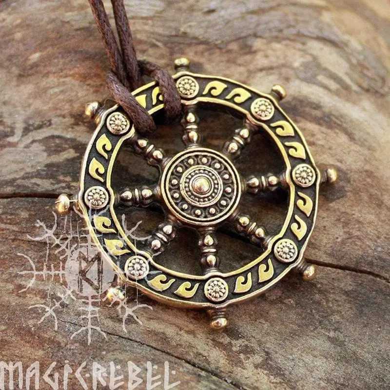 Dharma Pendant Wheel of Life Samsara Bronze Amulet Buddhist Tsman Necklace for Women Men Dharmachakra Necklace BuddhismC250407