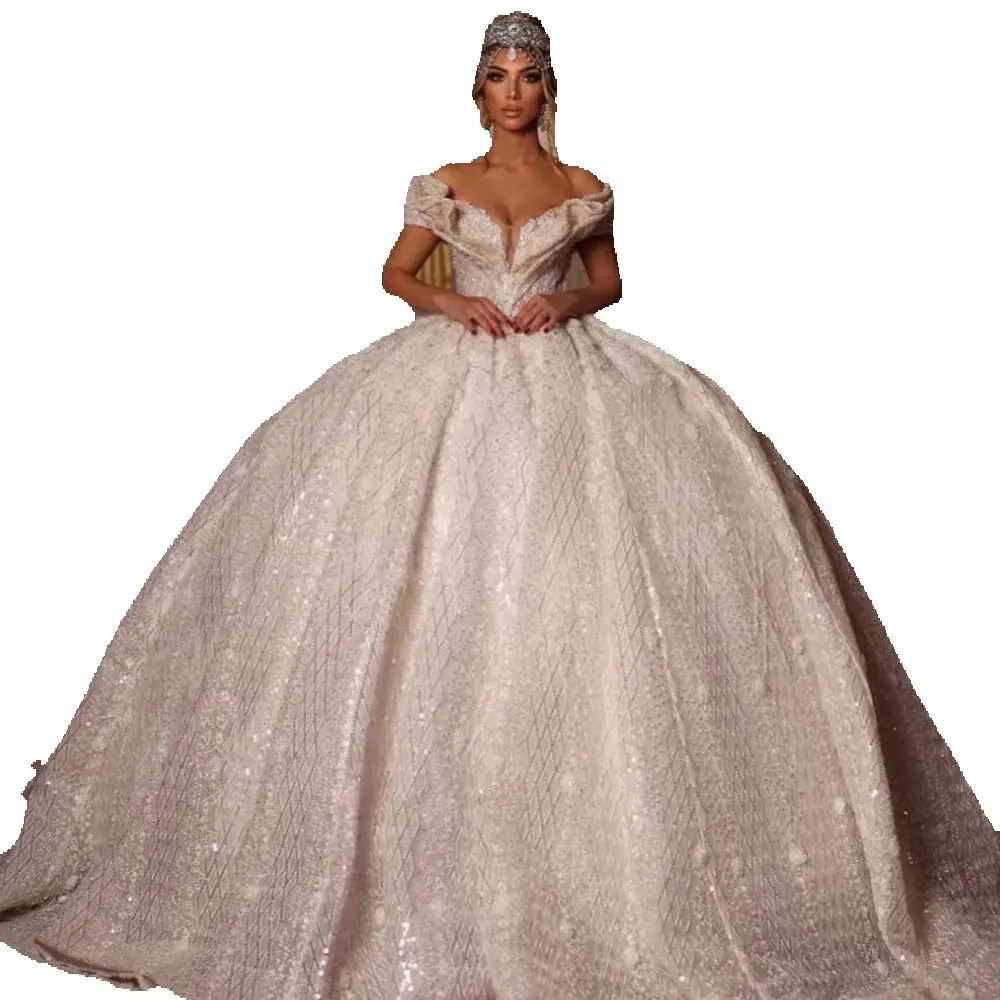 Sparkly V Neck Princess Wedding Dress Sexy Off the Shoulder Bridal Gown Customized Stunning Ball Pearls Bride Women Wear