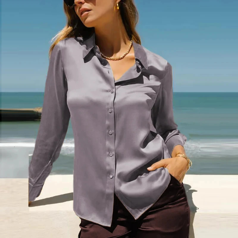 Elegant black and white shirt womens spring and autumn long sleeved silk satin shirt womens fashionable lapel button up shirt 250402