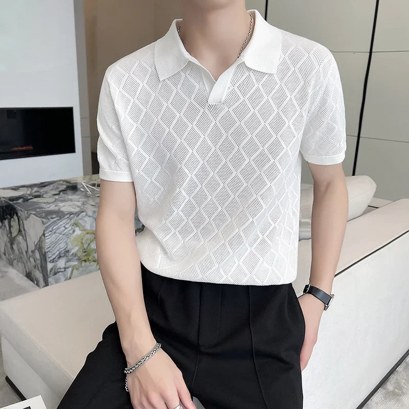 Hollow-out Knitted Lapel Short-sleeved T-shirt Slim Hole Polo Shirt Brown polo Golf Shirt 250407