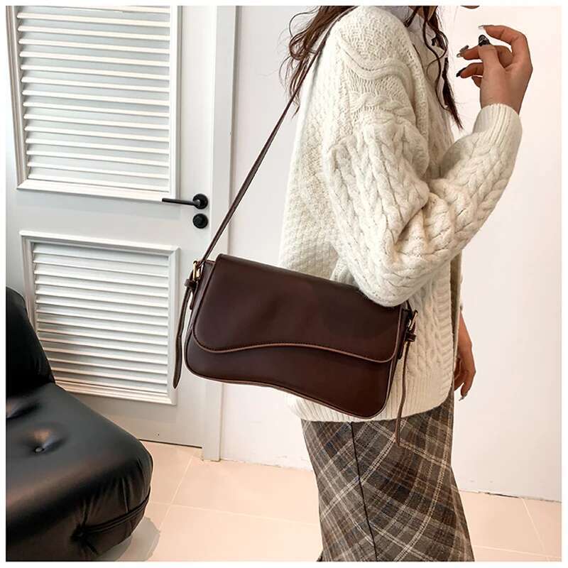 Women Vintage Solid Color Flap Small Saddle Underarm Fashion PU Leather Wide Strap Crossbody Bag Shoulder Bag Ll