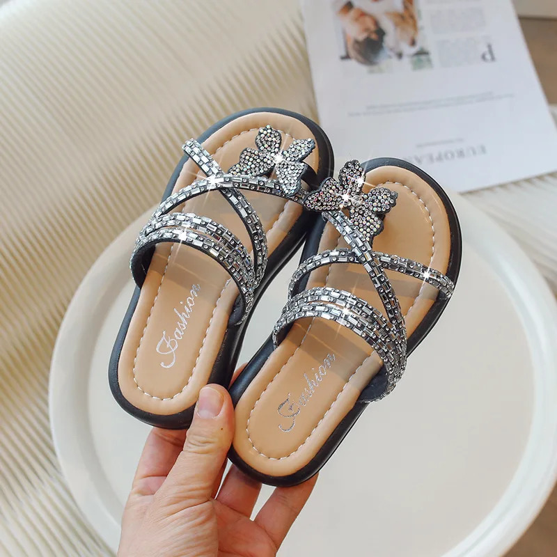 Platform Slippers for Girls Summer Crystal Open Toe Flat Girs Clogs Shoes Outdoor Sandals Butterfly Bling Slide Kids H05299 250408