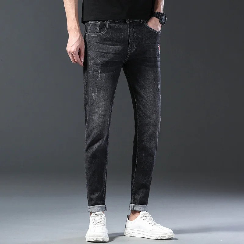 Fashionable mens clothing fashionable elastic ultrathin gray denim jeans thin high street small feet pants 250401