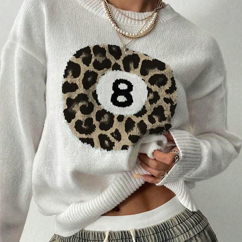 Women's color-blocked sports sweater, round-neck long-sleeve top, leopard print black eight pattern, for sports and outdoor activities---SSJ029