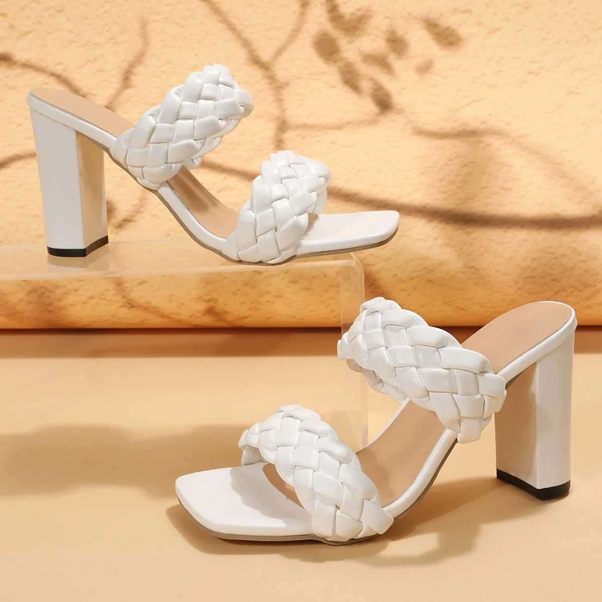 Double woven belt thick high-heeled sandals for womens summer 2025 square toe high-heeled slippers for womens Fi slip sandalsXJ250407