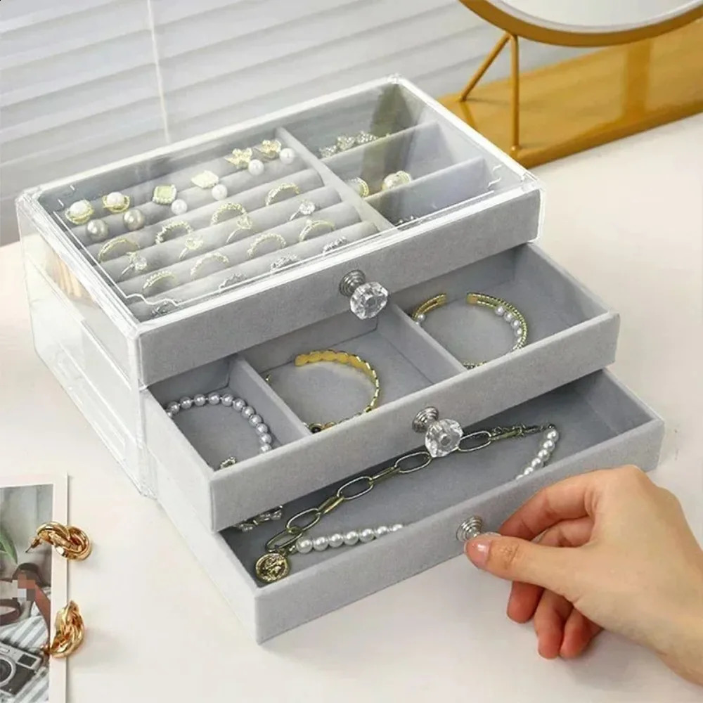 Acrylic Velvet Jewelry Organizer with 3 Drawers Stackable Display Storage Earrings Necklace Bracelets Box Holder Case for Women 250407