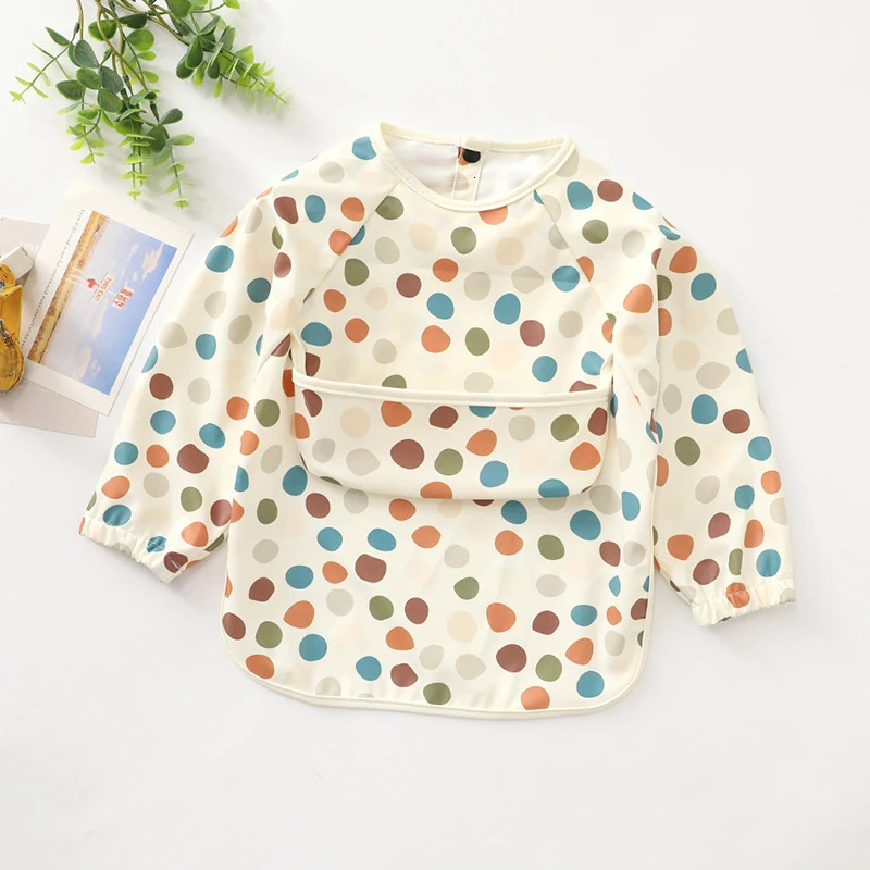 Children Feeding Aprons Long Sleeve Baby Bib With Pocket Full Cover Kid Gown With Bag Waterproof Long-Sleeve Smock 250408