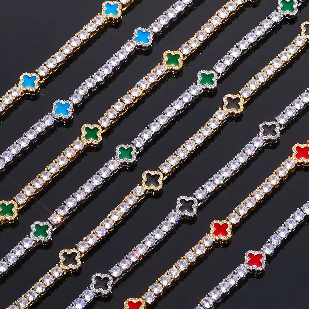 NUOYA 4mm Tennis Chain Necklace 925 Silver Iced Out VVS Moissanite Multicolor Clover Leaf Hip Hop Jewelry