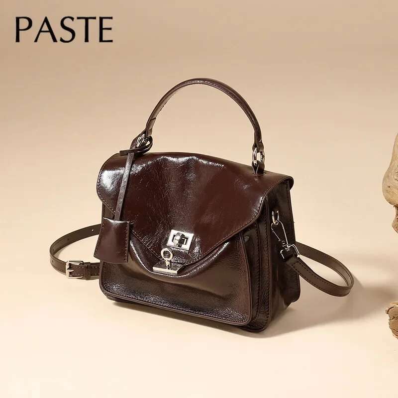 New Vintage England Style Small Sactchel Tote Wine Red Sier Color Glossy Oil Wax Cowhide Leather Women Messenger Bag