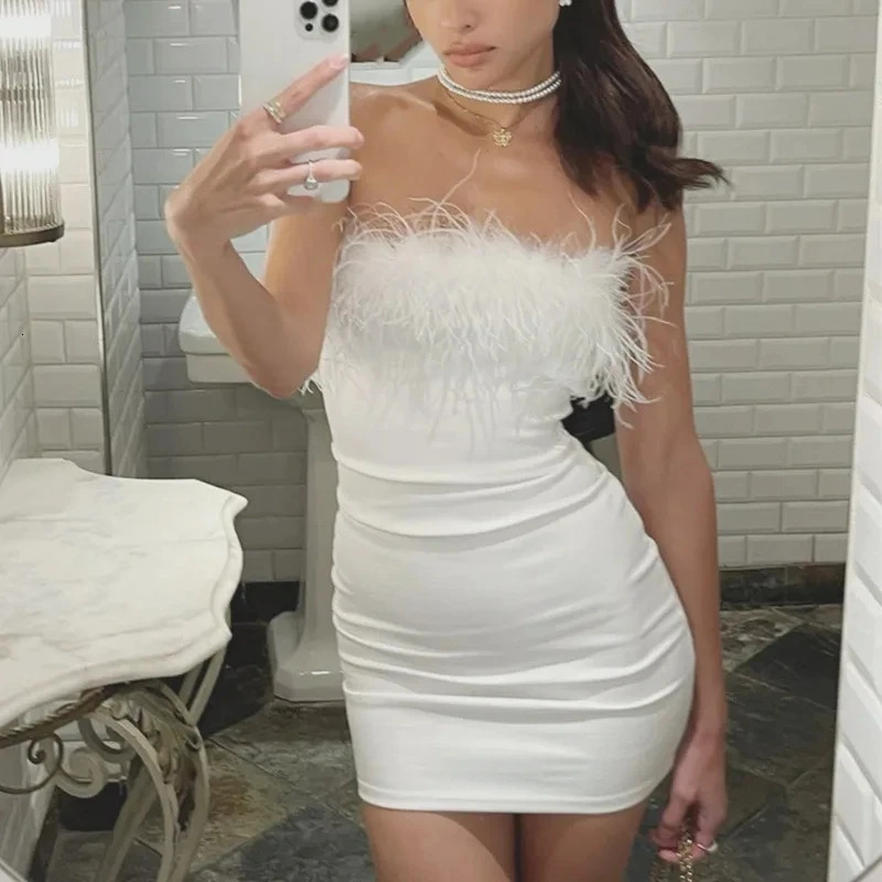 Where Mery sexy feather stitched tube dress autumn evening party club strapless mini dress sexy backless body vest 250402