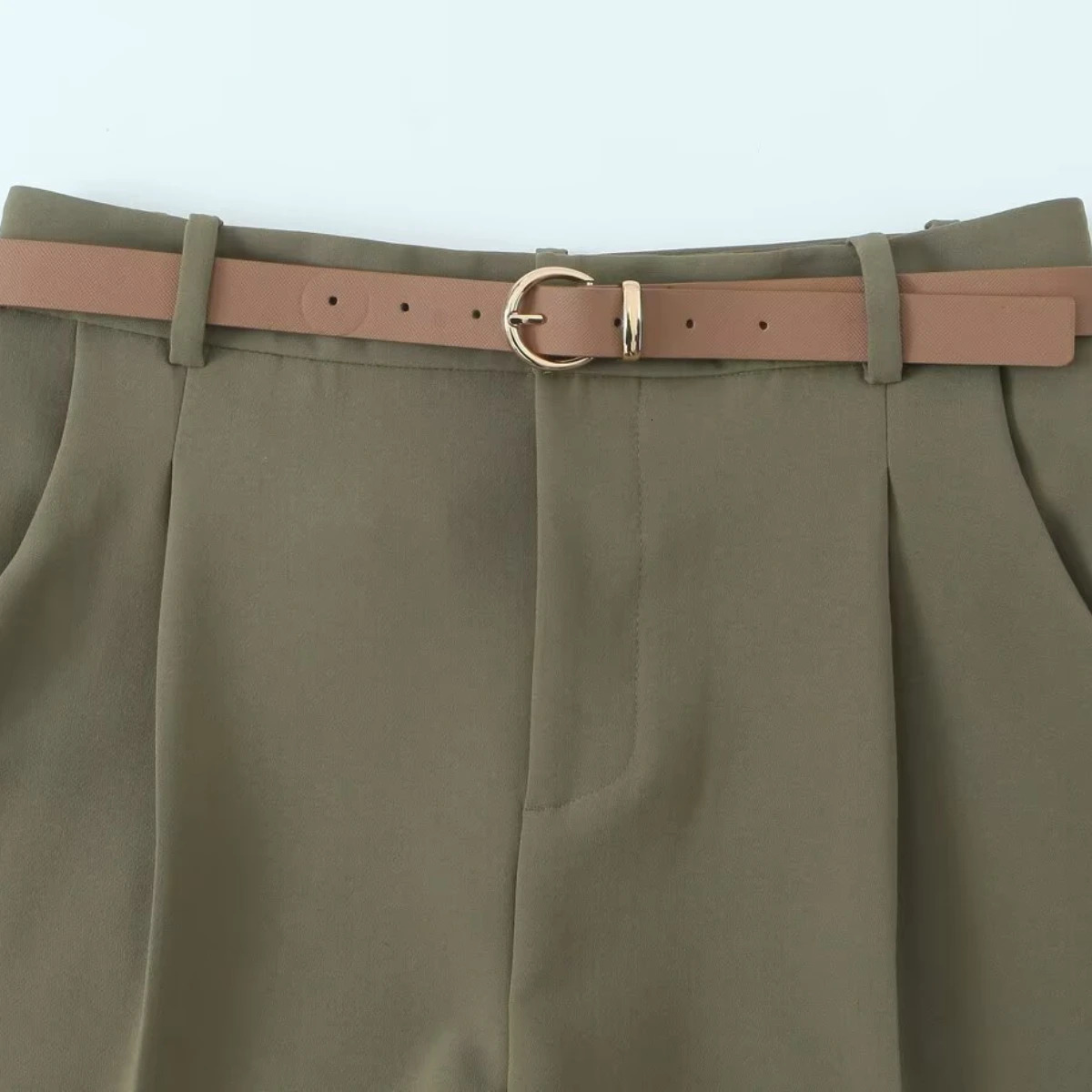 ZBZA Womens Waist Belt with Wrinkles Trouser High Side Pocket Front Zipper Summer Casual Solid Color Unique 250407