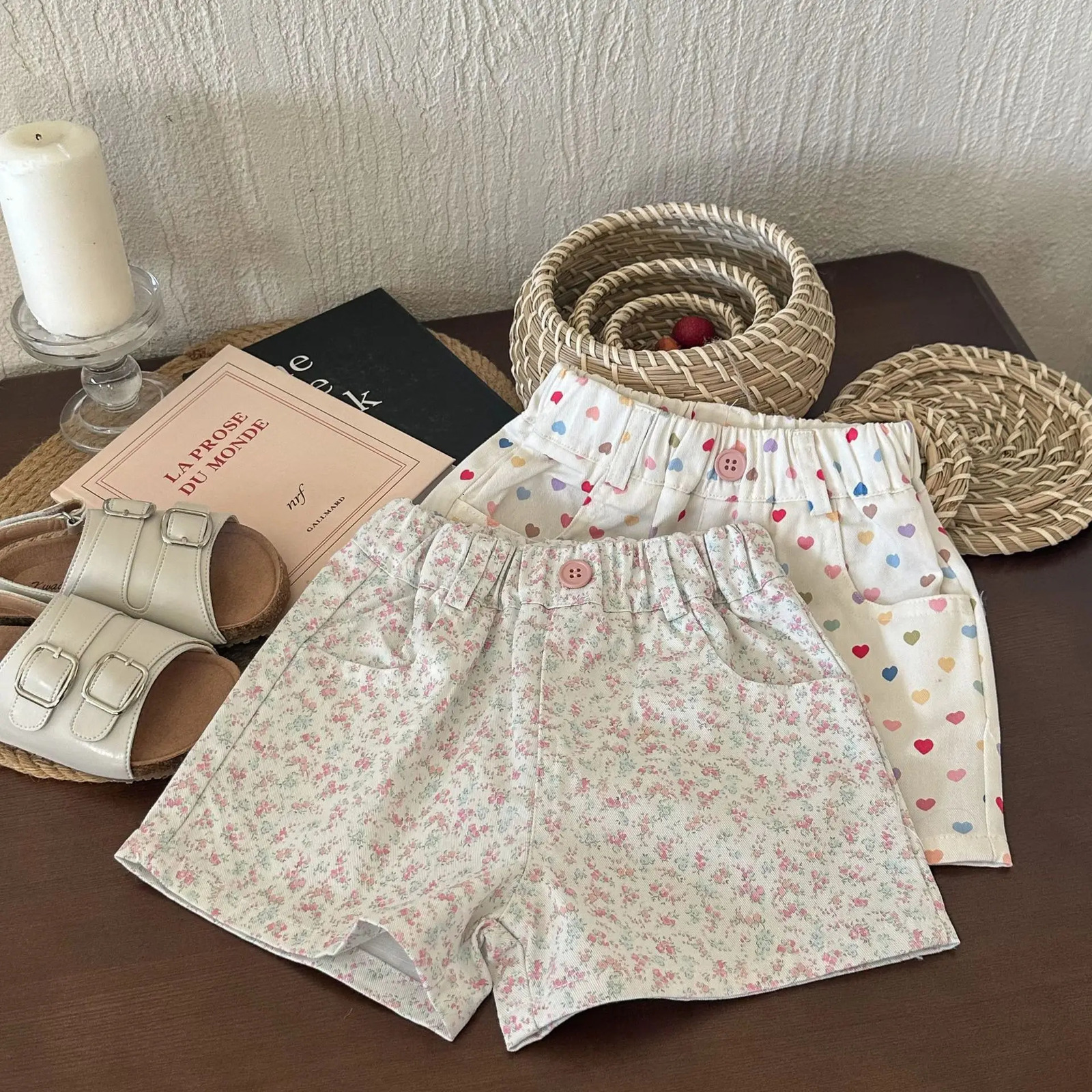 Summer Girls Shorts Cute Heart Shaped Printed Childrens Flower Shorts Cotton Baby Girls Casual Clothing Childrens Shorts 250408