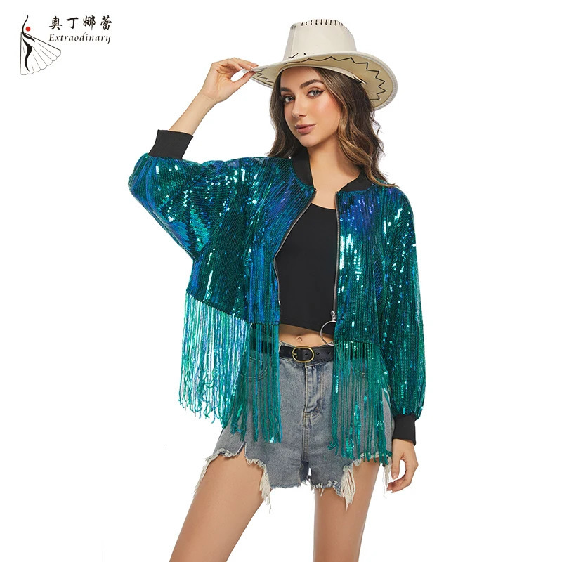 Womens sequin fringe jacket long sleeved front zipper casual glitter party fashion reversible hiphop 250407