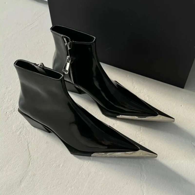 2025 Side Zipper Fashion Women's Ankle Metal Pointed Toe Ladies Shoes Crude Heel Western Cowboy Boots Atos Para Mujeres