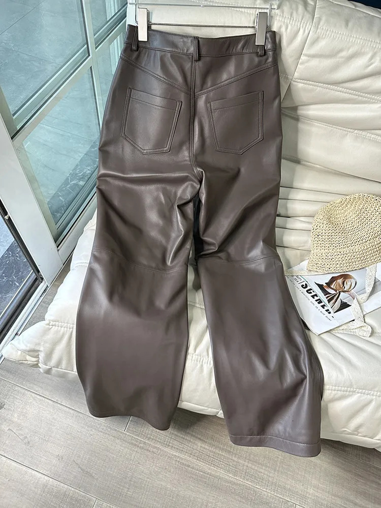 Womens high waisted sheepskin pants straight loose thin genuine leather wide legs spring autumn 250407