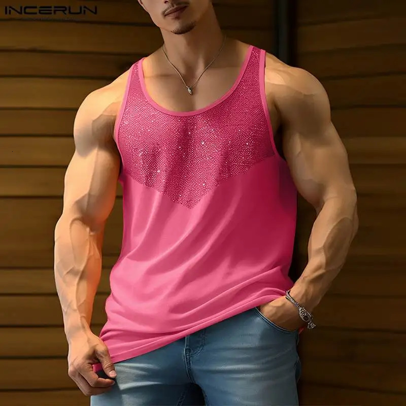 Fashion slim fit top INCERUN mens sparkling fabric mesh patchwork vest casual sports mens sleeveless vest S-5XL 250402