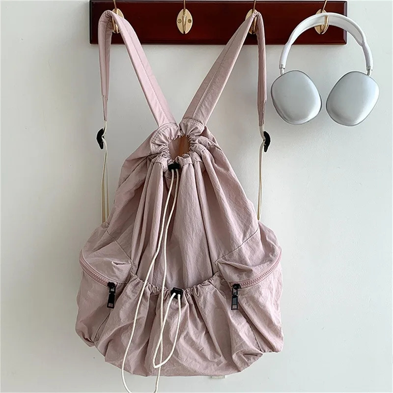 Ruched Drawsting Backpacks For Women Casual Nylon Lady Backpacks Light Weight Students Bag Large Capacity Travel Sac 250408