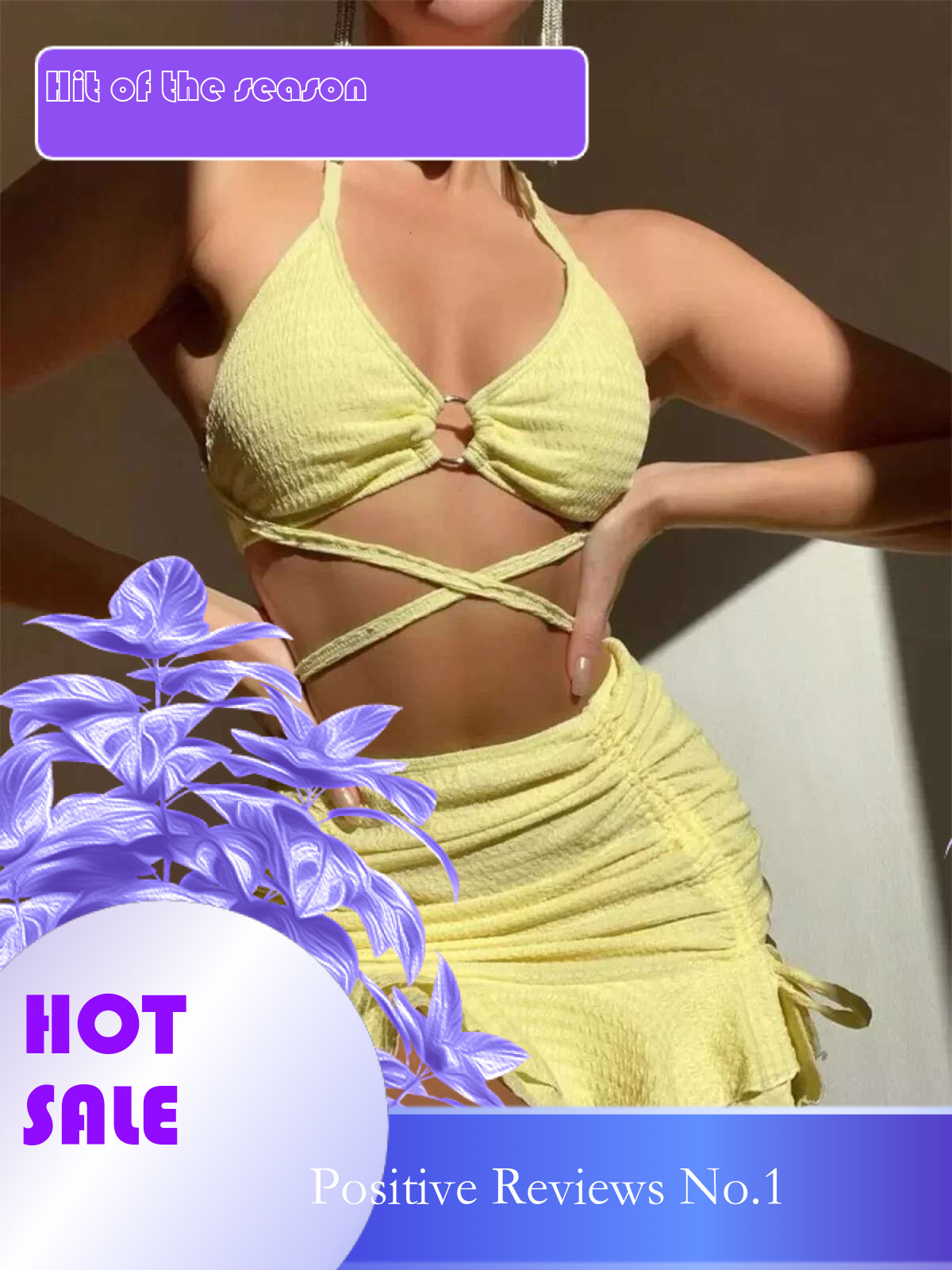 Dongdumaoyi Sexy Yellow Bikini Women Solid Halter Ring Linked Criss Cross Cover Up Piece Swimsuit Bathing Suit Ruffles Skirt Swimwear