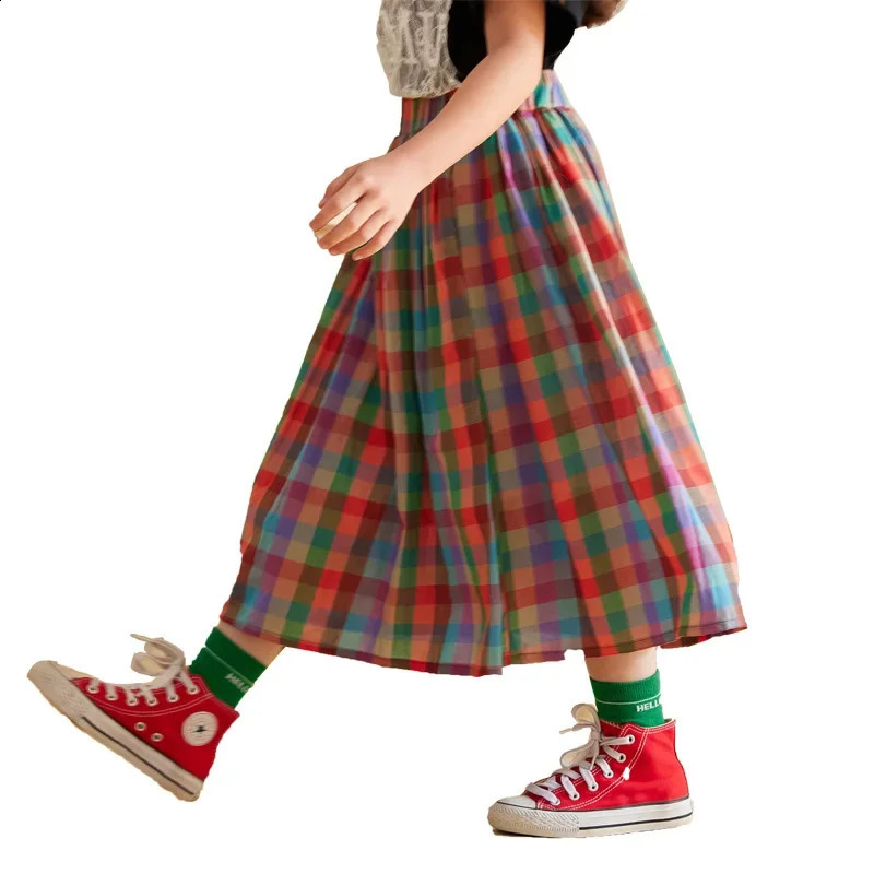 Teenager Kids Long Skirt Cotton Rainbow Plaid Skirt for Girls Spring Summer Casual Daily Simple Versatile Skirt 6 8 10 12 Years 250408