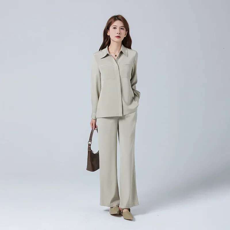 New Heavyweight Pants Set For Women's Simple Mulberry Silk Shirt Long Sleeved Two Piece Sets Womens Outifits