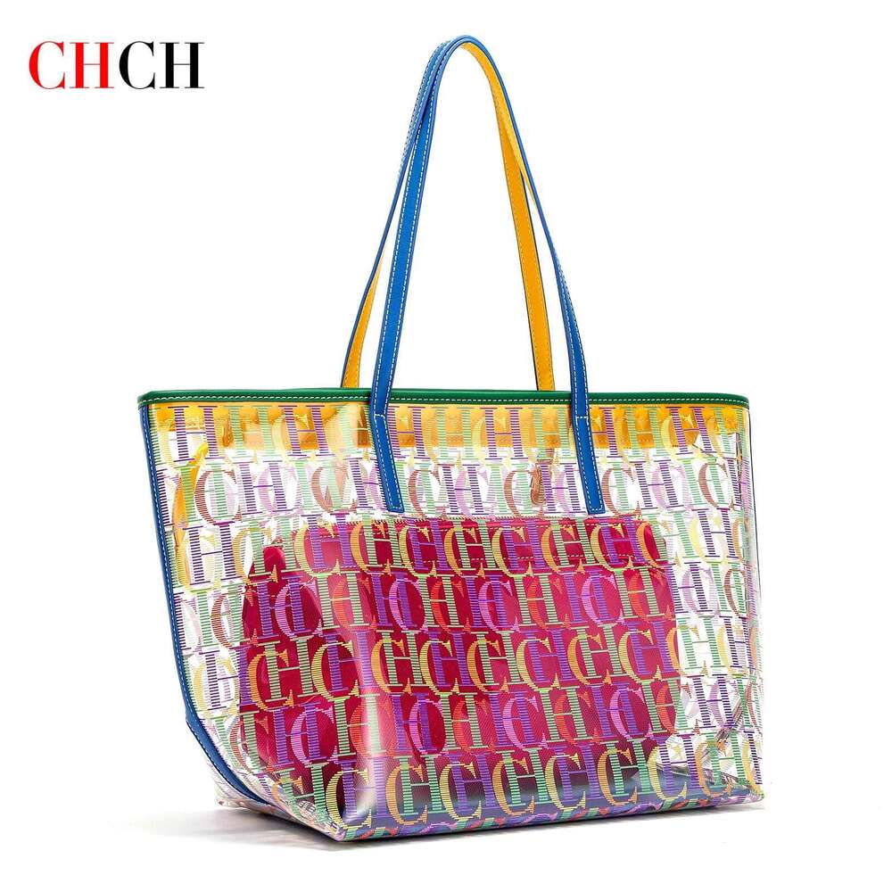 CHCH Women's Tote Blue Transparent PVC Letter Printed Handbag Large Capacity Mother Child Shopping Bag