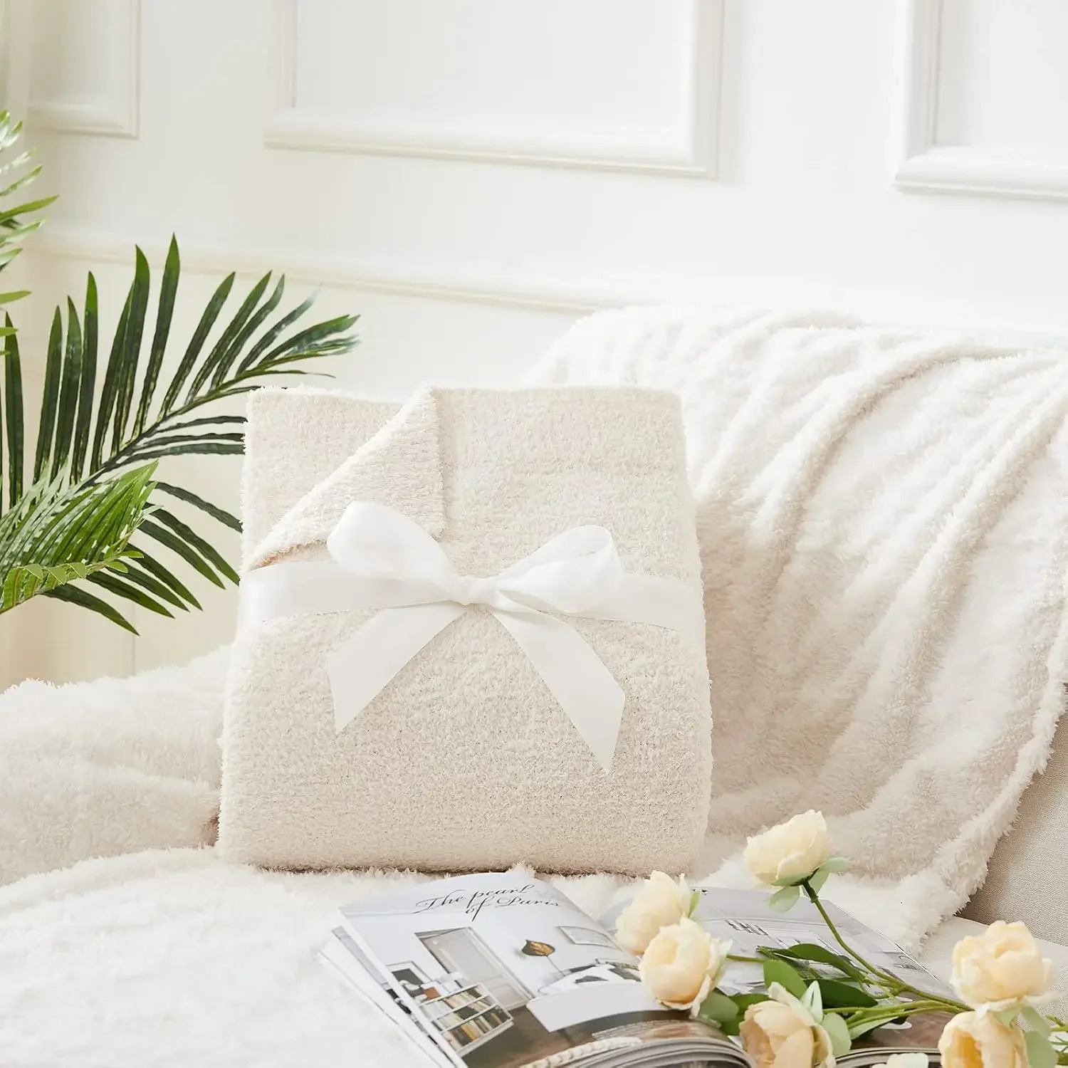Knit Throw Blanket for Couch Cream White - Super Soft Lightweight Plush Fuzzy Fluffy Cozy Blankets 50 x 60 inches 250408
