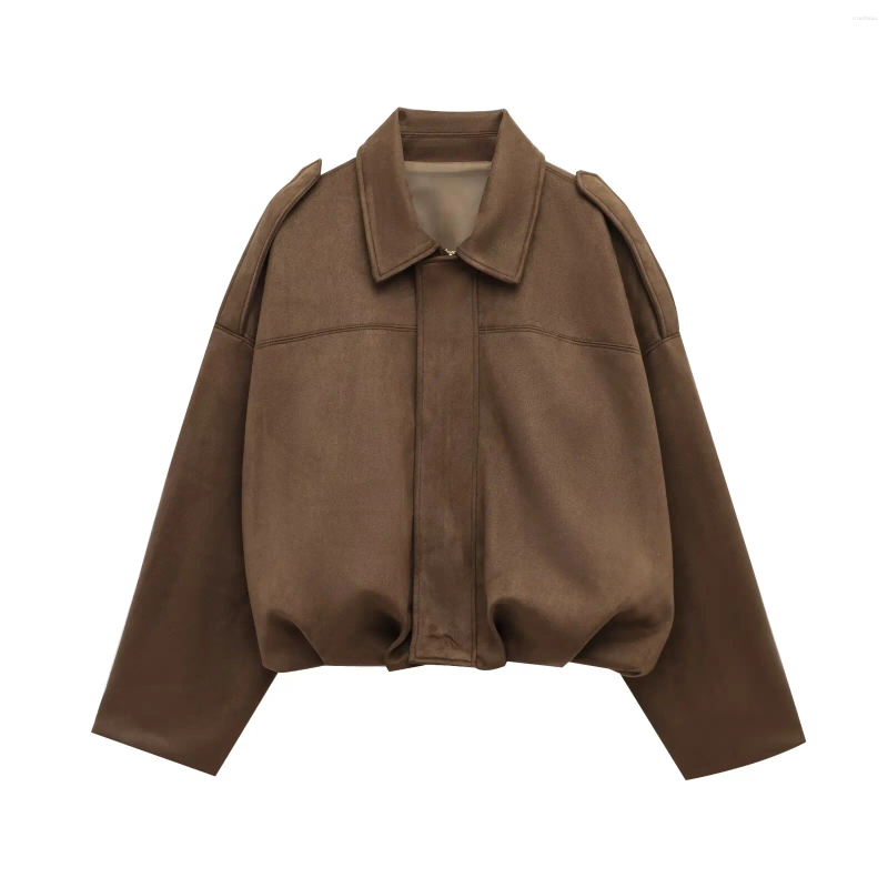 Lanjia- Women's Jackets TRAFZA 2025 Vintage Women Suede Texture Bomber Jacket Female Lapel Zipper Long Sleeve Casual Coat Soild Spring Street 175