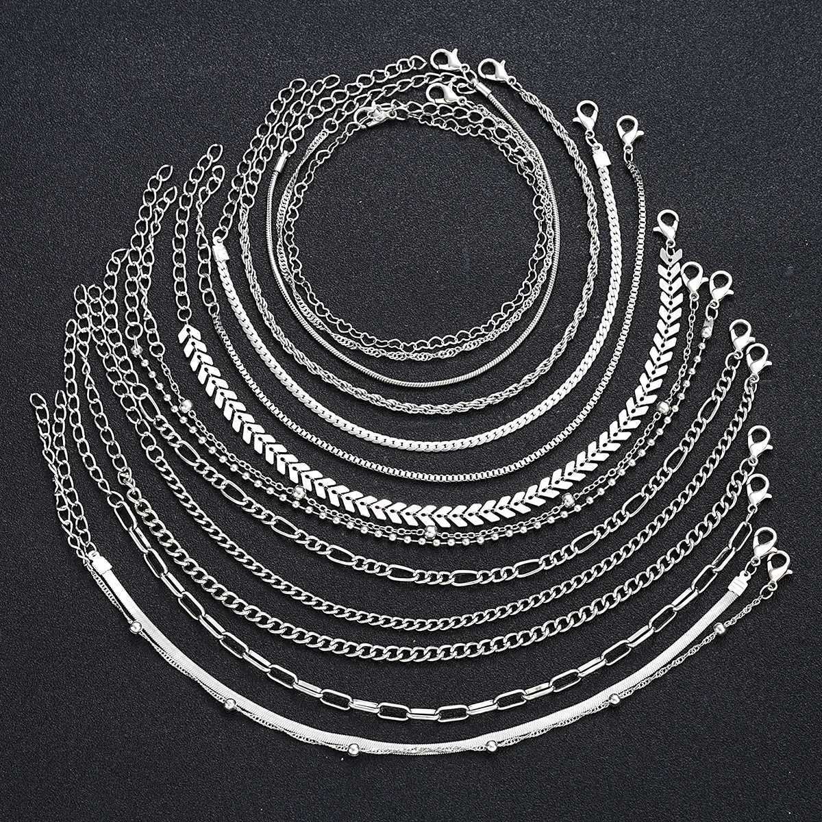 15 Pcs/Set Dainty Silver Color Metal Bracelet Set For Wen Boho Retro Thick Twist Cuban Chain Bracelet Party Tren Jewelry NewC250408