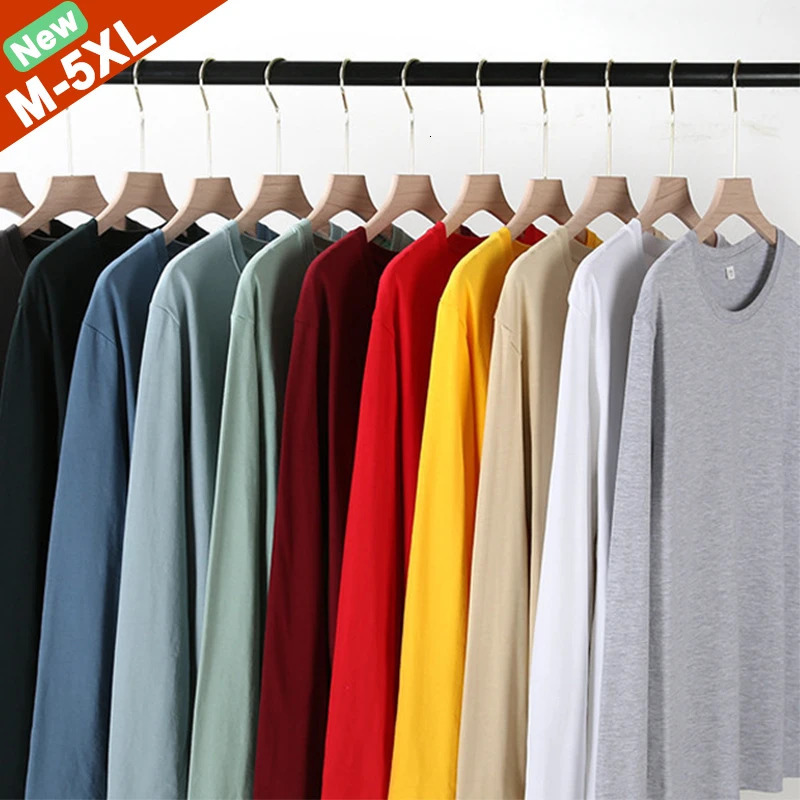 Long sleeved mens 100% pure cotton T-shirt top mens autumn basic solid color T-shirt womens casual fit size M-5XL mens 250402