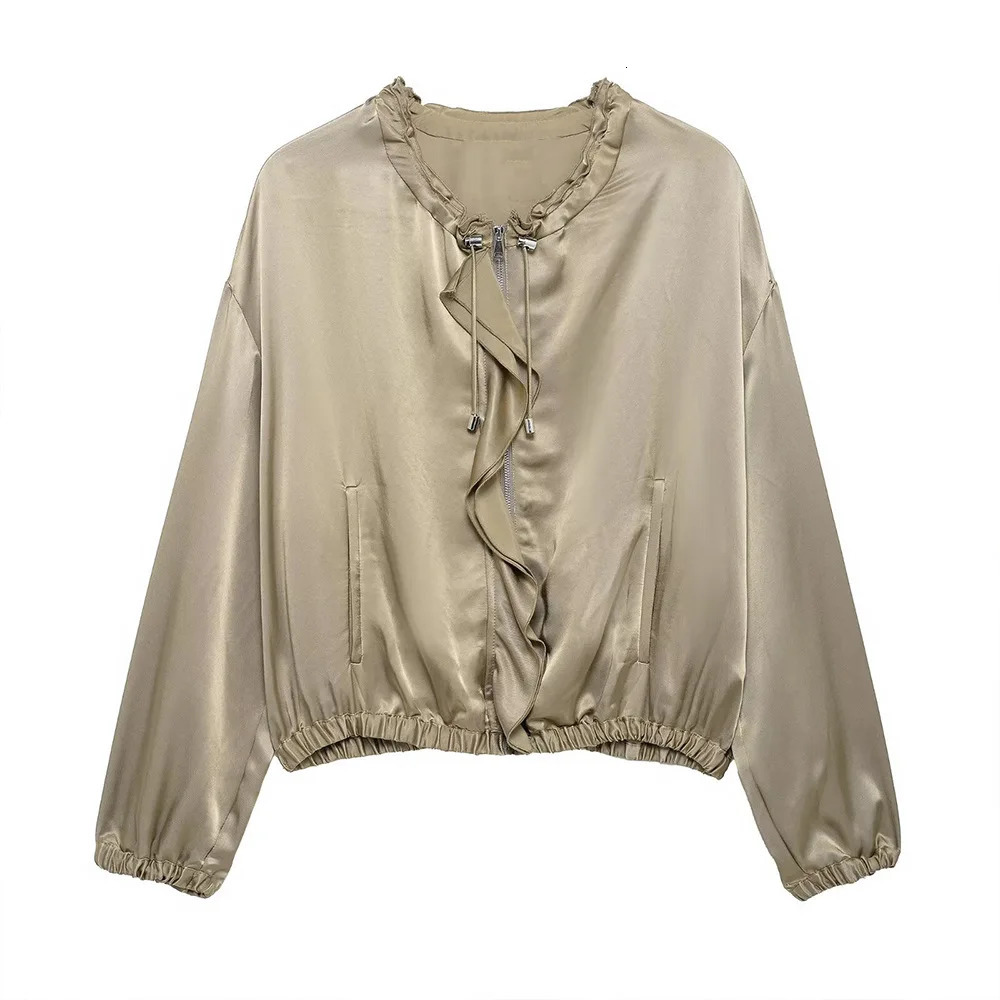 ZBZA Womens Satin Ruffle Jacket Round Neck Long Sleeve Drawstring Necklace Front Zipper Top SpringSummer Fashion 250407