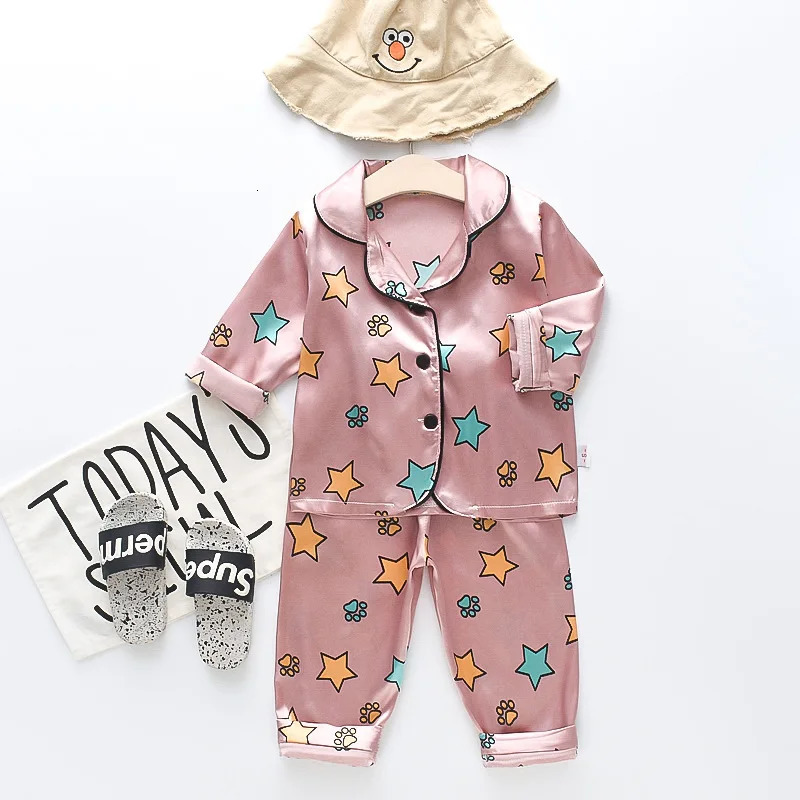 Toddler Girls Silk Satin Pajamas Sets Cartoon Kids Boys Pyjamas Baby Sleepwear Suit Girl Casual Home Wear Clothes Boy Loungewear 250407